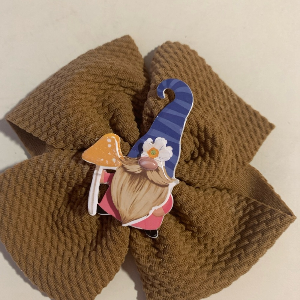 Charming Brown Dog Collar Bow with Gnome Accent